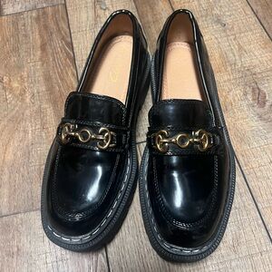Black Patent Loafers with Gold Accent